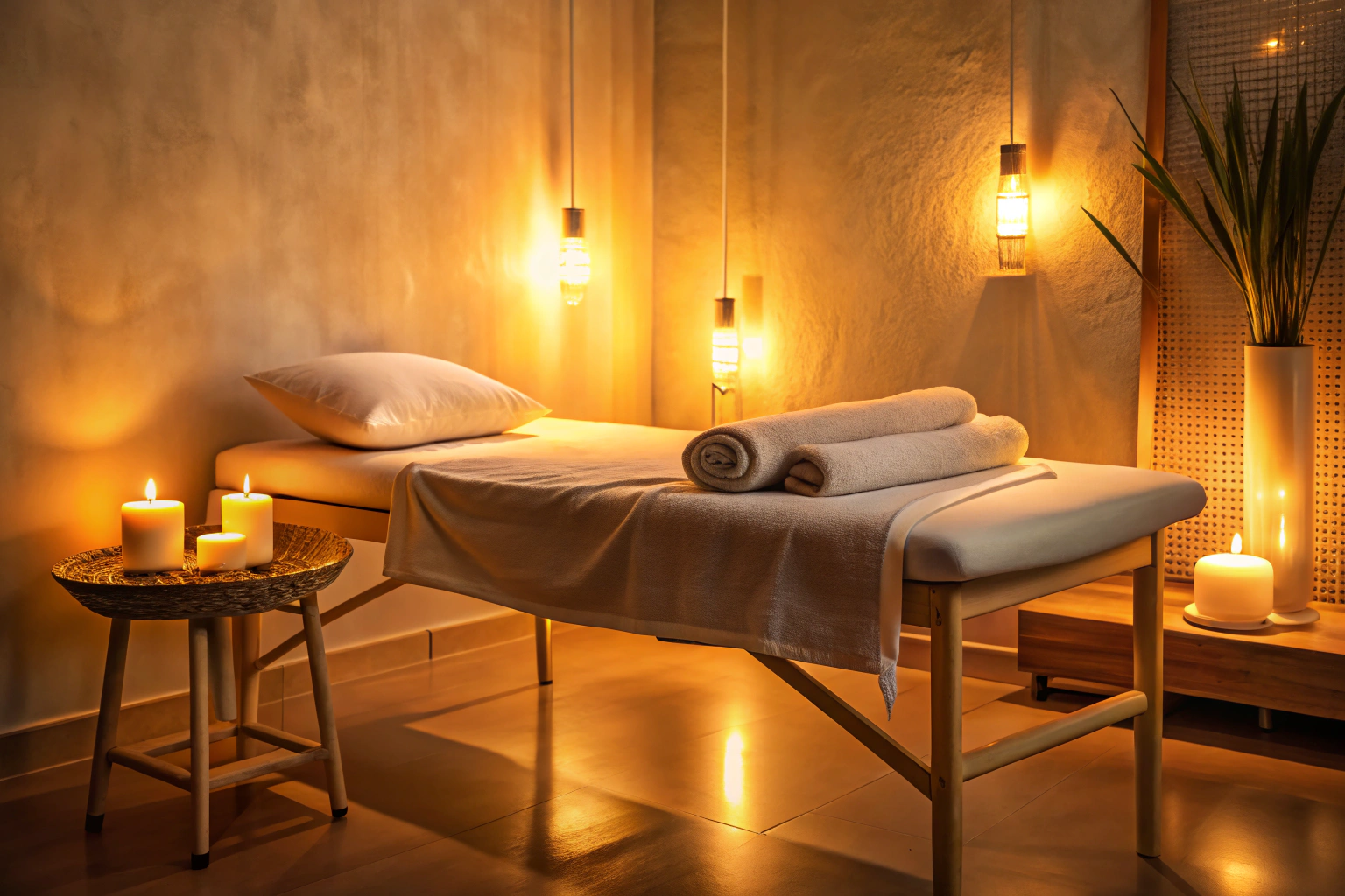 Una camilla de masaje en una habitación tranquila, con almohadas suaves y una manta ligera, iluminada por una luz tenue que proyecta sombras suaves, sin elementos decorativos que distraigan